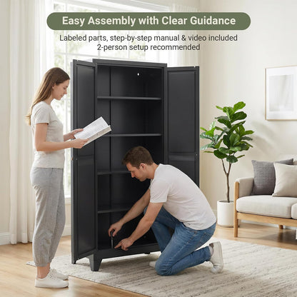 71" Metal Kitchen Storage Cabinet with Doors, Freestanding Steel Pantry Cabinet, 4 Adjustable Shelves, for Dining Room, Black