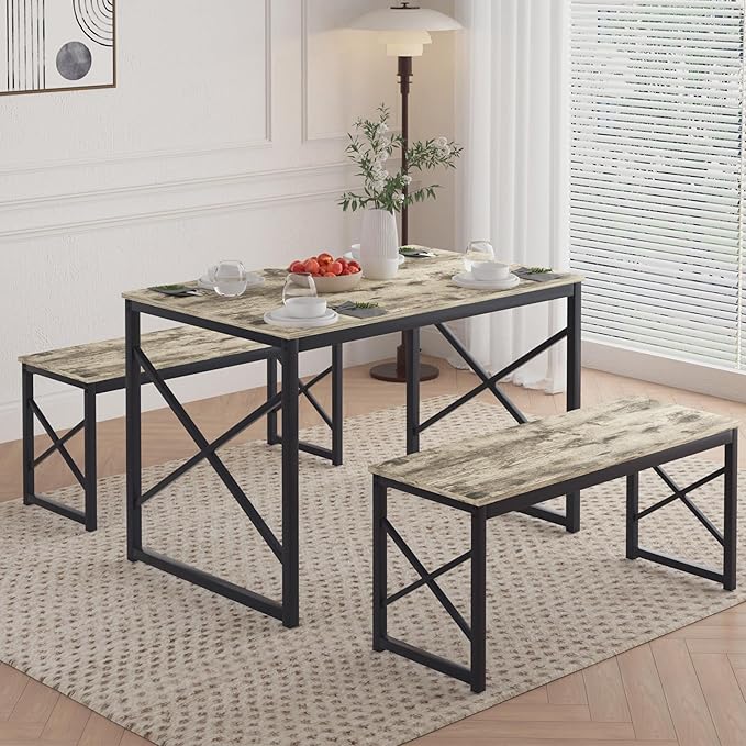VECELO Kitchen Table with 2 Benches for 4, 43.3'' Wood Dining Room Dinette Sets with Metal Frame for Breakfast Nook and Small Space, Grey