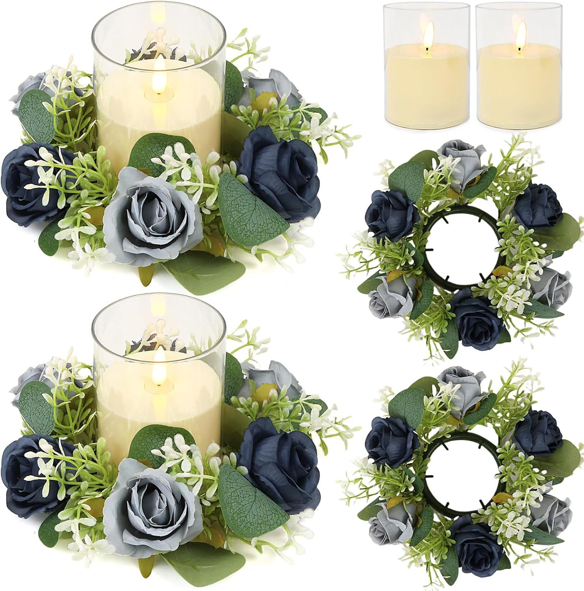 Blue Rose Candle Rings with Flameless Candles Sets - 4PCS Artificial Flower Eucalyptus Wedding Centerpiece 3 Inch Pillar Candleholders Wreaths for Wedding Party Decor (Blue - 2 Sets)