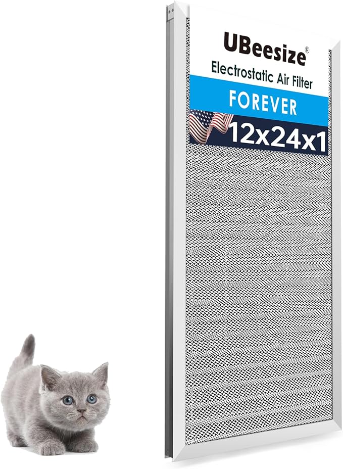 UBeesize 12x24x1 Reusable Electrostatic Air Filter HVAC AC Furnace Filter,MERV 8,Washable, Lasts a Lifetime,Permanent Air Filter,Breathe Fresher,Home And Office(Actual Size:11.38x23.38x0.82 Inch)