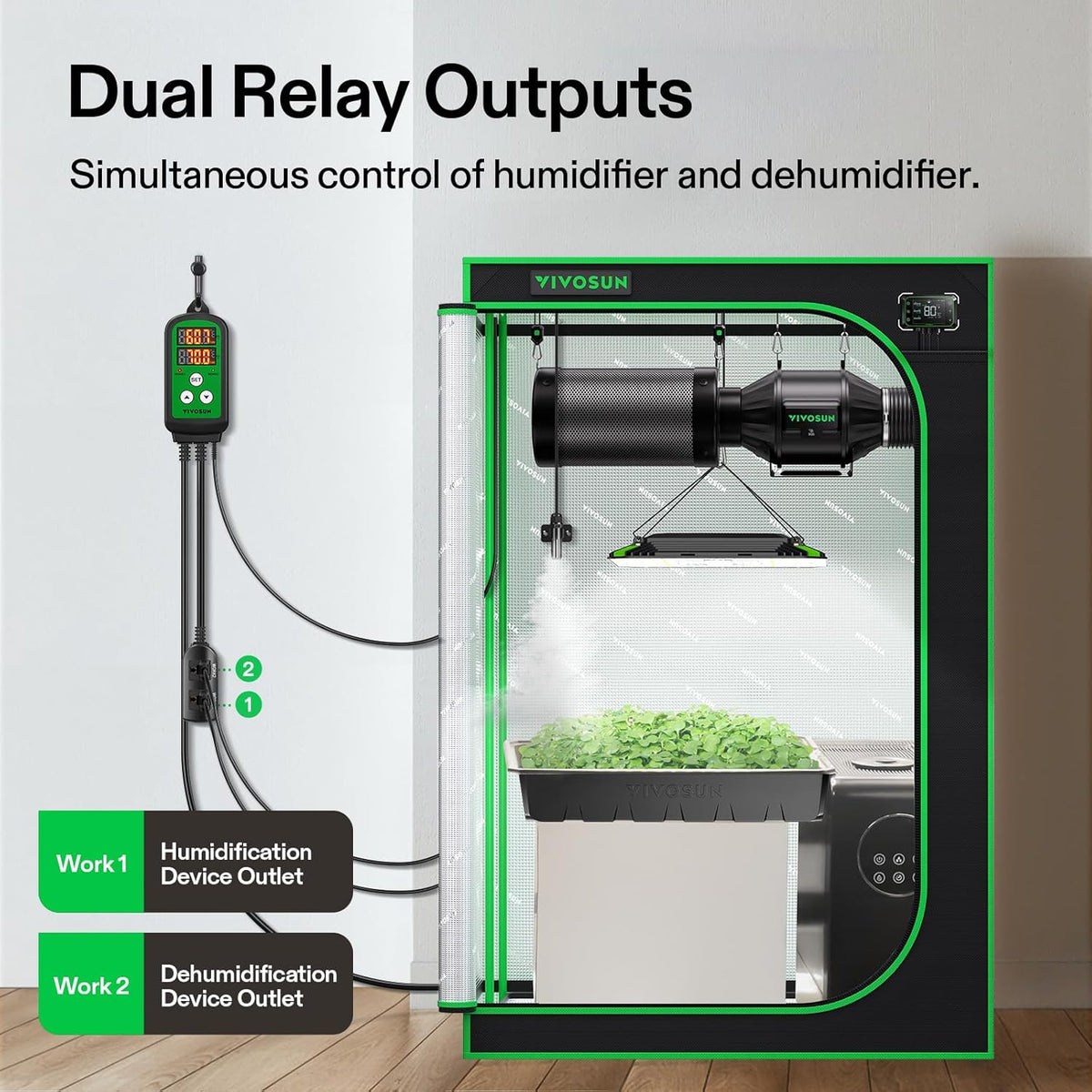 VIVOSUN Humidity Controller, 1200W Dual-Stage Outlet, Pre-Wired Digital Humidistat with Dual LED Displays for Humidifier/Dehumidifier/Fan, Ideal for Greenhouse, Grow Tent, Home-Brewing, Mushroom