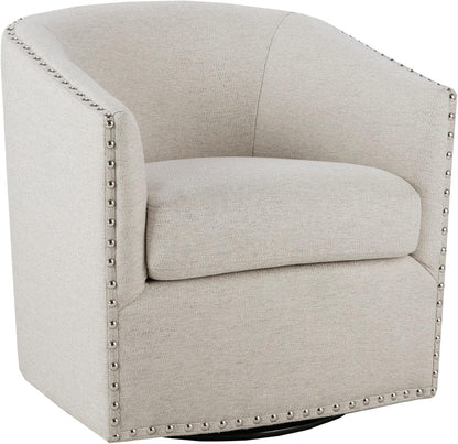 Madison Park Swivel Barrel Accent Chair, Upholstered Curved Back with 7-Inch Thick Woven Cushion, 360° Swivel, Nailhead Trim, Comfy Chair for Living Room, Bedroom, Office, 28" Wide, Neutral, Tyler