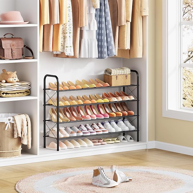 Hoctieon 4 Tier Mesh Style Shoe Rack, Entryway Shoe Shelf, Shoe Storage Organizer, Shoe Rack for Closet, Space Save for Bathroom, Garage, Hallway, Bedroom, Living Room, Black