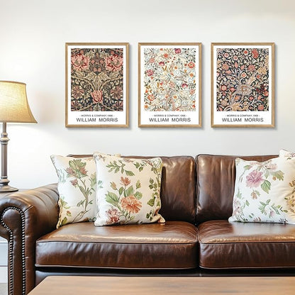 Cyebmo Wood Framed William Morris Wall Art Set of 3, Rustic Farmhouse Floral Wall Decor, Retro Flower Plants Aesthetic Picture, Vintage Botanical Art Prints for Living Room Bedroom Bathroom 12"x16"x3