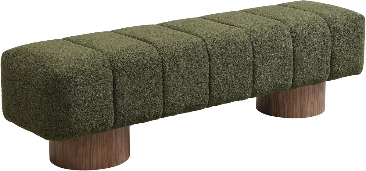 Upholstered Dining Bench, End of Bed Entryway Bench Ottoman for Bedroom Living Room, Dining Room, Green Boucle Fabric Stool Top Wood Leg, 300 LBS Weight Capacity, No-Assembly, Green