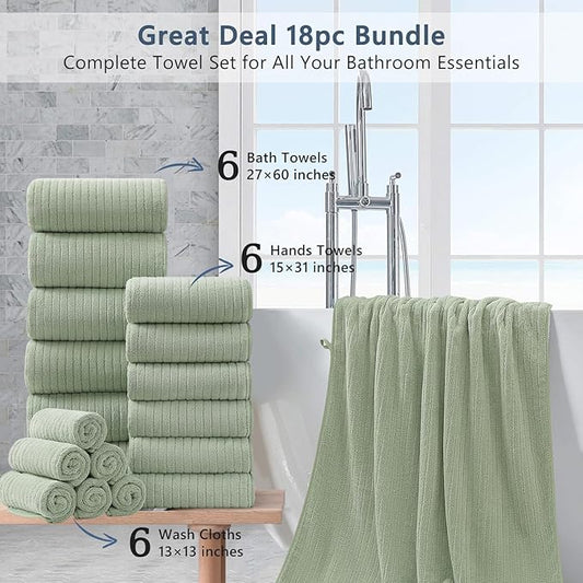 18 Piece Bath Towels Set,Super Soft Family Bathroom Towel Set with Hanging Loops-6 Bath Towels,6 Hand Towels,6 Washcloths,Highly Absorbent Quick Dry Shower Towel for Bathroom,Hotel,Spa-Green Towel Set