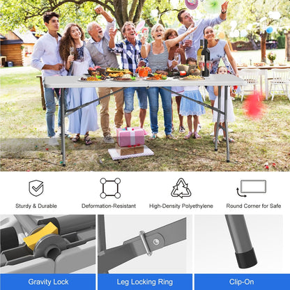 4 Pack Foldable Table 6ft, Plastic Folding Table, Portable Heavy Duty Dining Table with Lock Function & Carrying Handle, Outdoor Indoor Foldable White Table for Camping Party Picnic