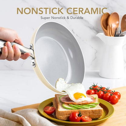 MICHELANGELO Non Stick Frying Pans - 10 Inch Frying Pan Nonstick with Lid, Nonstick Skillet with Lid, Non Toxic Frying Pan, Ceramic-Coated, Beige