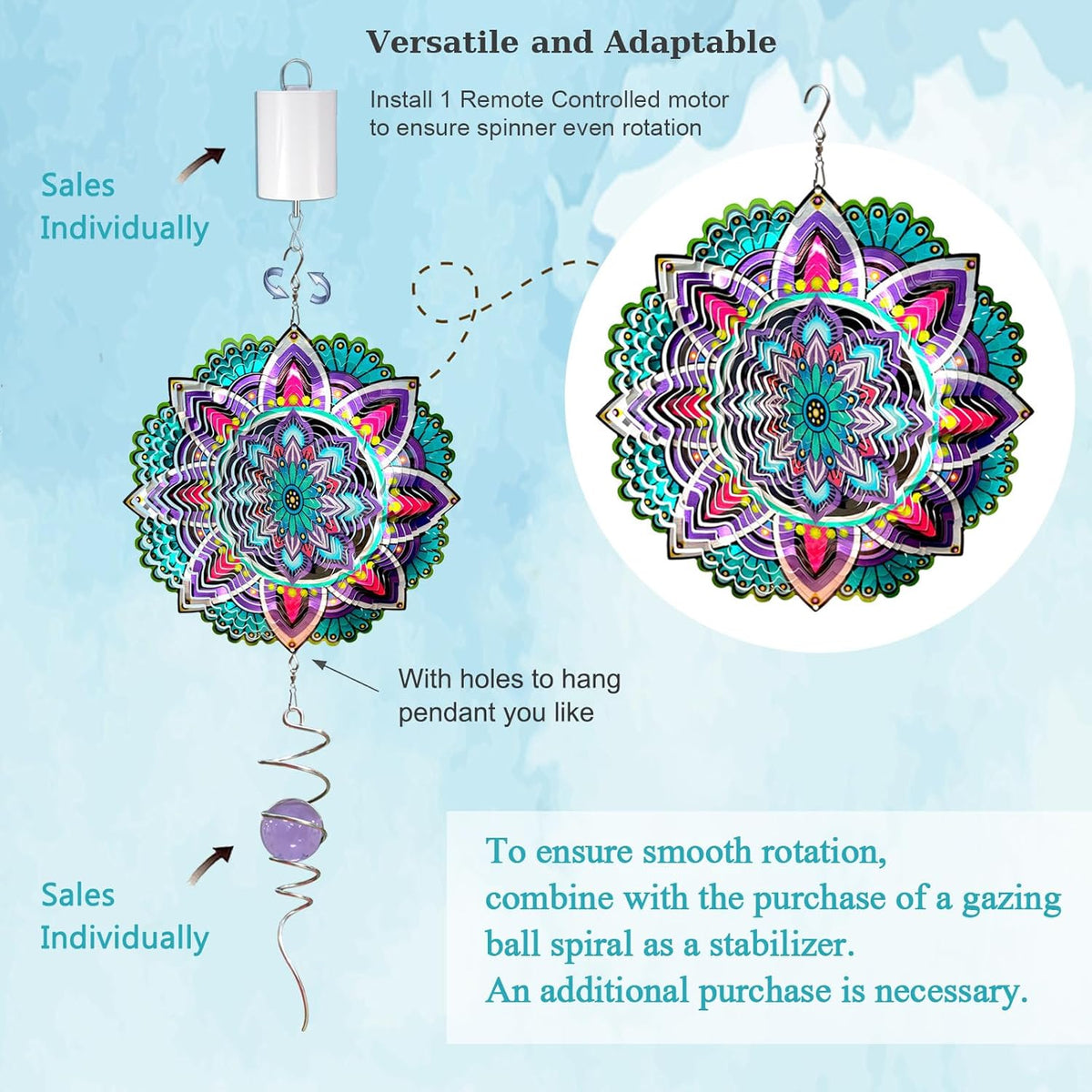 Goolyrusim Wind Spinner Mandala Jasmine, 12Inch Laser Cut Stainless Steel Wind Spinners, 3D Hanging Wind Sculptures for Yard and Garden Decoration Outdoor Decor Ornament, Mandala Gifts for Women Men
