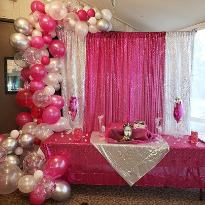 JYFLZQ Hot Pink Sequin Backdrop Curtain 2x8ft 2 Panel Fuchsia Glitter Photo Booth Photography Backdrop Background for Parties Shimmer Wall Backdrop Wedding Backdrop Decorations