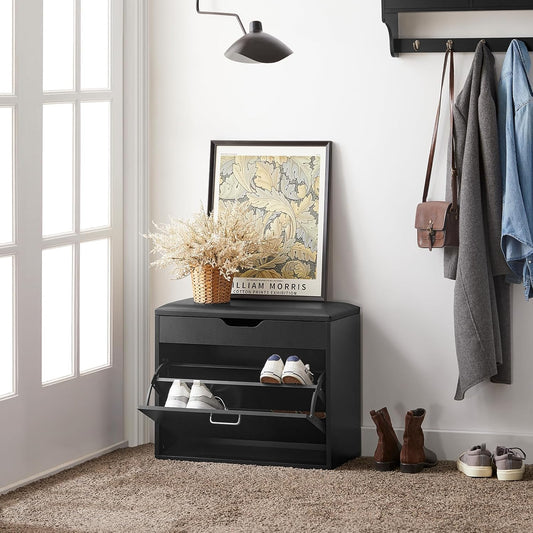 SoBuy Small Shoe Bench, Narrow Shoe Cabinet with Folding Padded Seat, Small Space Shoe Rack, Black 23.6" x 11.8" x 19.3"