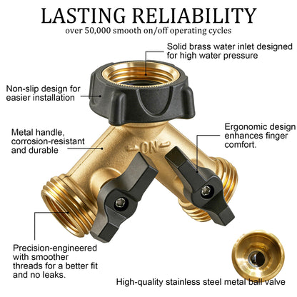 Hourleey Brass Garden Hose Splitter 2 Way, 3/4 Inch Hose Connector Tap Splitter, Hose Y Splitter, Hose Spigot Adapter 2 Valves with Extra Rubber Washers