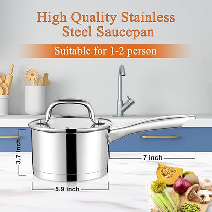 LIANYU 1 Quart Stainless Steel Saucepan, Small Sauce Pan with Lid, Tri-Ply Bottom Multipurpose Pot for Cooking, Straight Side, Dishwasher Safe, Compatible with All Cooktops