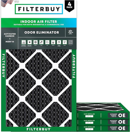 Filterbuy 18x30x1 Air Filter MERV 10 Odor & Allergy Defense with Activated Carbon (4-Pack), Electrostatic Pleated HVAC AC Furnace Filters Replacement, Made in USA (Actual Size: 17.75 x 29.75 x 0.75)