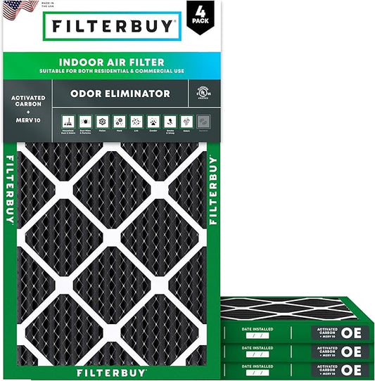 Filterbuy 18x30x1 Air Filter MERV 10 Odor & Allergy Defense with Activated Carbon (4-Pack), Electrostatic Pleated HVAC AC Furnace Filters Replacement, Made in USA (Actual Size: 17.75 x 29.75 x 0.75)