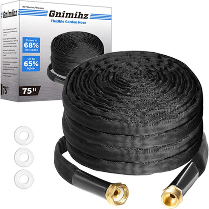 Garden Hose 75ft, Made of TPE(Not PVC), Ultra-Light & Flexible Water Hose with Solid Brass Fittings, Non-Shrinking, Easy to Storage, Drinking Water Safe Material, All-weather, Black, Newbox