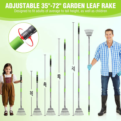 WORKPRO Rake, Small Rake for Leaves with 72” Adjustable Long Handle, 11 Steel Tines, Heavy Duty Metal Leaf Rakes for Garden, Lawn, Yard, Shrub, Flower Bed, Narrow Rakes 9" Wide Head for Tight Spaces
