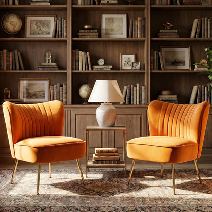 Velvet Accent Chairs Set of 2 for Comfy Living Room Armless Slipper Chair Mid Century Side Chair Single Sofa with Golden Legs Wingback for Bedroom Guest Room, Orange