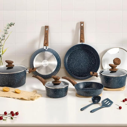 DisDelight Pots and Pans Set Non Stick, Nonstick Induction Granite Kitchen Cookware Sets, Induction Nonstick Granite Cooking Set, Induction Cookware Cooking Pan Set, Pan Sets for Cooking, Blue