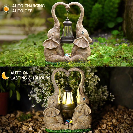 Elephant Statue Garden Decor with LED Solar Lights-Set of 2 Good Luck Elephant Outdoor Statue Christmas Decorations for Yard Patio,Porch,Home -Mothers Day Gifts for Women, Mom, Grandma