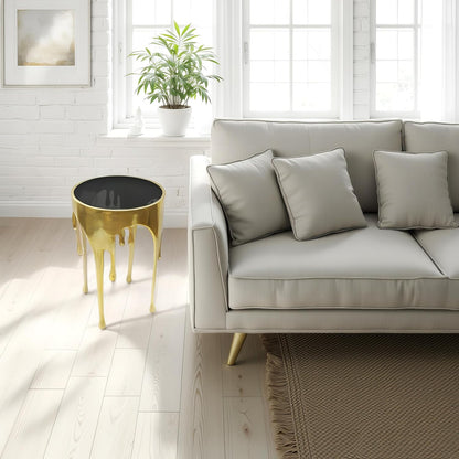 TUP THE URBAN PORT Capri Side End Table, 24.75 Inch Round Glass Top, Antique Gold Finish, Melting Drip Design Base, Modern Glam Accent Table for Living Room, Bedroom and Home Decor Display