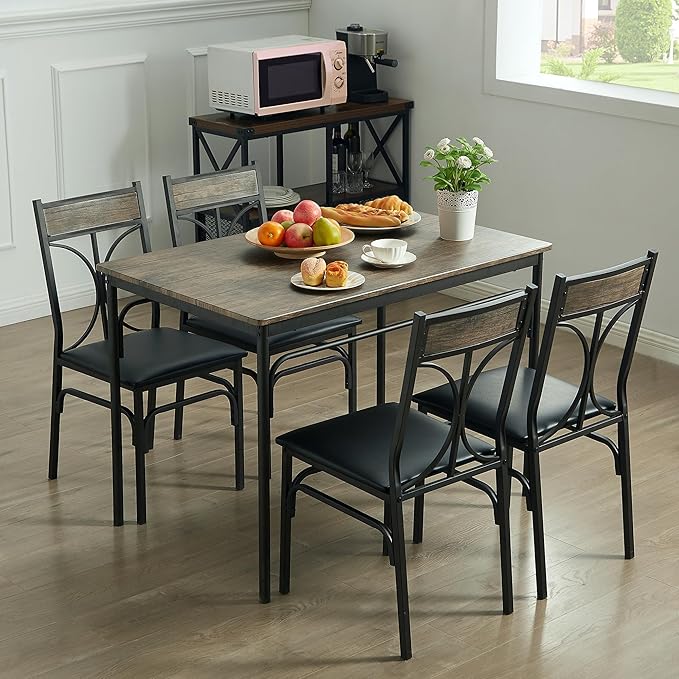 VECELO Kitchen Dining Room Table Set with 4 Chairs for Small Space, Apartment,Metal Steel Frame