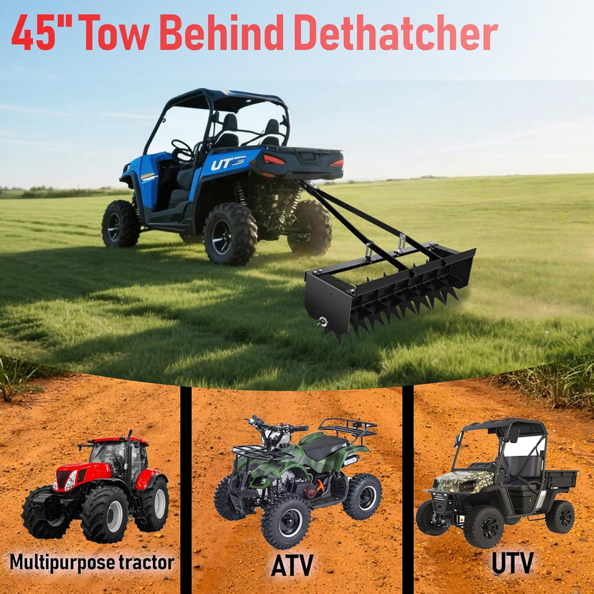 8 Pin Lawn Aerator, 45" Tow Behind Spike Aerators- 400lbs Heavy Duty Rolling Aerators, Galvanized Steel with Counterweight Tray and Universal Hook, Core Aerator for Yard/Atv