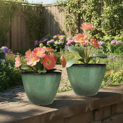 4 Pack 8 inch Plant Pots, Plastic Planter for Indoor Outdoor Plant with Drainage Holes and Saucers, Flower Pots for Garden Home Decor(Green, 4pcs)