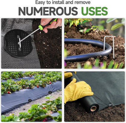 Garden Stakes,6 Inch 11 Gauge 100pcs Galvanized Landscape Staples + 100pcs Gaskets + 1Pick Hook, Tent Stakes Landscaping Fabric SOD Pins for Weed Fabric Barrier,Groud Cover,Fence