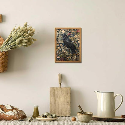 Framed 3D Textured Vintage Wall Art - Dark Academia Decor Hand Drawn Sandstone Black Crow Paintings with Botanical Florals, Aesthetic Wall Decor for Living Room Bedroom Home 8x10 inch