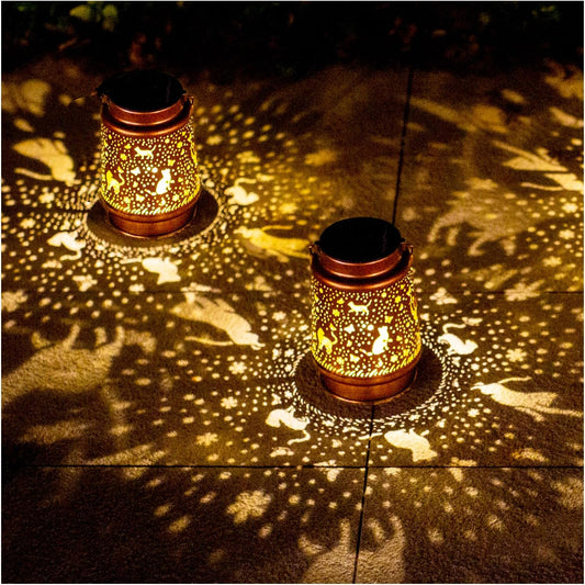 2 Pack Cat Outdoor Solar Hanging Lanterns Waterproof LED Solar Lights Metal Decorative Lanterns for Garden, Patio, Courtyard, Backyard, Yard Decor Unique Cat Gifts for Women Gardening