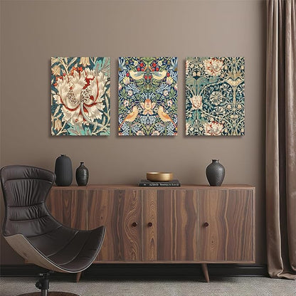 FASWQ Framed William Morris Wall Art, Nouveau Vintage Botanical Wall Decor, Retro Intricate Floral Animal Canvas Painting, Retro Natural Flower Bird Poster Prints for Living Room Bedroom 16"x24"x3