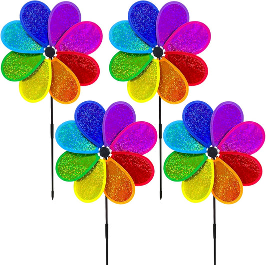 4PCS Flower Wind Spinner Sparkly Lawn Pinwheel 11.8 inch Colorful Rainbow Garden Windmill for Garden, Party, Outdoor, Yard Decor