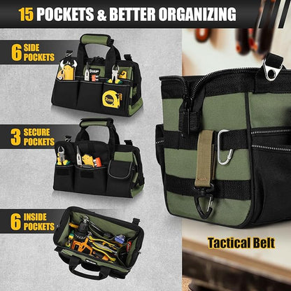 12-Inch Mini Small Tool Bag, 15-Pocket Portable Tool Box Organizer Storage, Heavy Duty Tactical Carrying Tote, Home Toolbag with Large Zipper, Father Day Dad Men Engineer Electrician Gift, Green