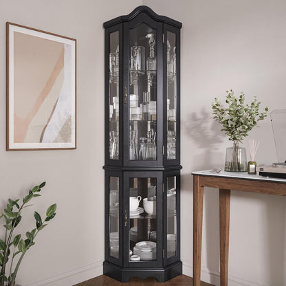 BELLEZE Lighted 3-Side Glass Display Curio Cabinet w/Tempered Glass Doors and Shelves, Curved Wood Corner Cabinet with Bulb, Corner Storage Rack for Living Room and Kitchen (Black)