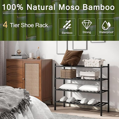 4-Tier Bamboo Shoe Rack for Entryway, Stackable | Heavy Duty | Multi-Function, Free Standing Shoe Racks for Bedroom Hallway Closet（Black）