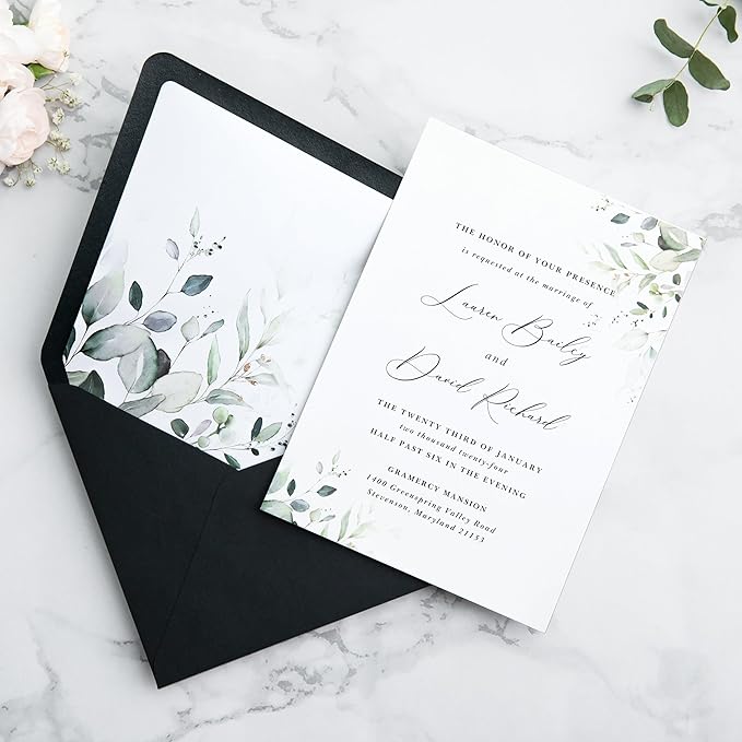 PONATIA 50 PCS A7 Euro Flap Black Envelopes, 5.25 x 7.25'' Green Liner Envelopes for 5x7 Wedding Invitations, Photos, Postcards, Greeting Cards, Christmas Gift Cards, Acrylic Mailing