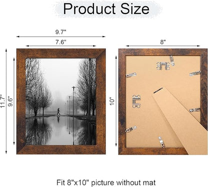 8x10 Picture Frame Set of 4, High Definition Glass 8 x 10 Frame, Wood Rustic Photo Frames for Horizontal or Vertical Display Tabletop and Wall Mounting