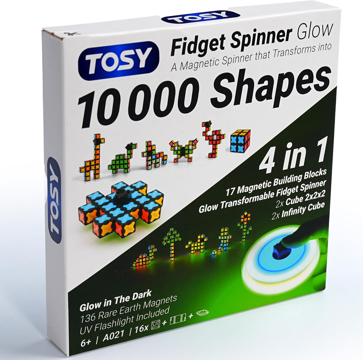 TOSY Magnet Fidget Spinner Glow - 16 Blocks, 3 in 1 Toy: Transformable Fidget Spinner, Infinity Cube, 2x2 Puzzle Cube, Glow, Stress Relief, STEM Magnet Tiles Birthday Gift for Kids/Boys/Girls/Adults