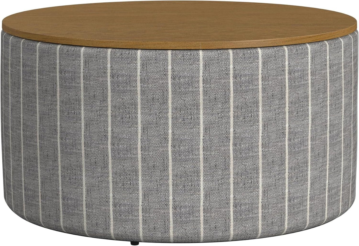 HomePop Modern Fabric Storage Ottoman with Wood Top - Midnight Gary Woven Stripe