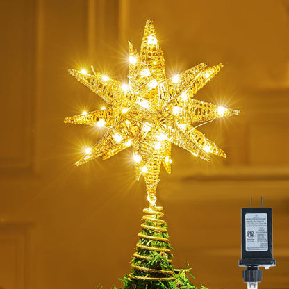 JOIEDOMI 7.8" Metal 3D Star Christmas Tree Topper Golden Glitter Decorations with 56 LED Warm White with Plug Timer Ornaments Treetop Home Holiday Party Indoor Decor