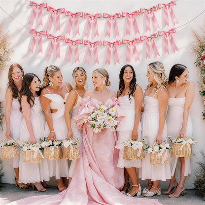 2 Strings Pink Bow Garland Banner Decorations, 16Pcs Pre-Strung Satin Ribbon with 6.7ft Chain for Girl Pink Ribbon Bow Banner Coquette Room Birthday Baby Bridal Shower Wedding Bachelorette Party Decor