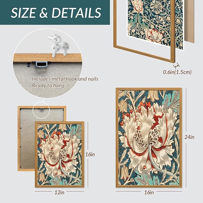 FASWQ Wood Framed William Morris Wall Art, Nouveau Vintage Botanical Wall Decor, Retro Intricate Floral Animal Canvas Painting, Retro Natural Flower Bird Poster Print for Living Room Bedroom 12"x16"x3