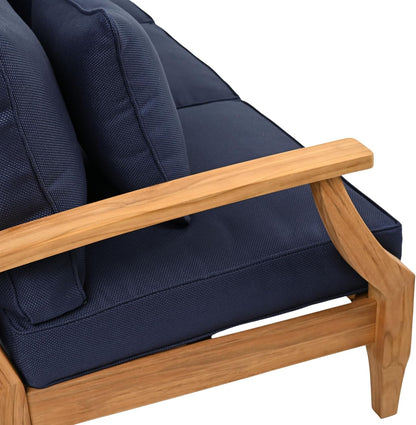 SAFAVIEH Couture Outdoor - Martinique 3-Seat Sofa - Natural & Navy - Teak Wood - Slatted Coastal Design - Ideal for Patio, Deck, Porch, Backyard, 18.3" Seat Height (CPT1013J)