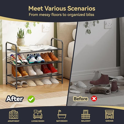 3-Tier 27” Wide Shoe Rack for Closet, Metal Stackable Shoe Shelf Organizer, Black
