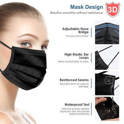 NNPCBT Black Disposable Face Masks 125 Pack,3-Ply Breathable Mask For Adults,Great For Outdoors,Home, Office, School