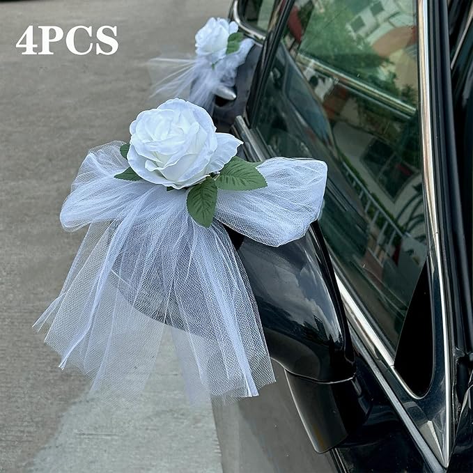 Elegant White Rose Wedding Car Door Handle Decoration – 12cm Artificial Flower with Leaf, White Tulle Bow & Suction Cup Attachment – Set of 4 for Bridal Vehicle Décor
