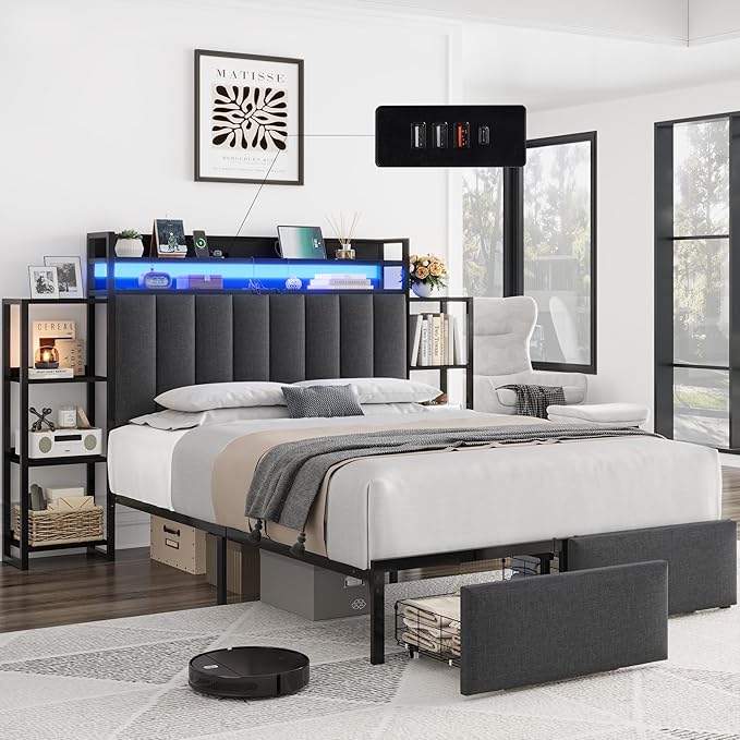 Keyluv Queen Bed Frame with Storage Headboard & 2 Drawers, Upholstered LED Platform Bed with Charging Station & Bedside Storage Rack, Metal Slat Support, No Box Spring Needed, Linen Fabric, Black