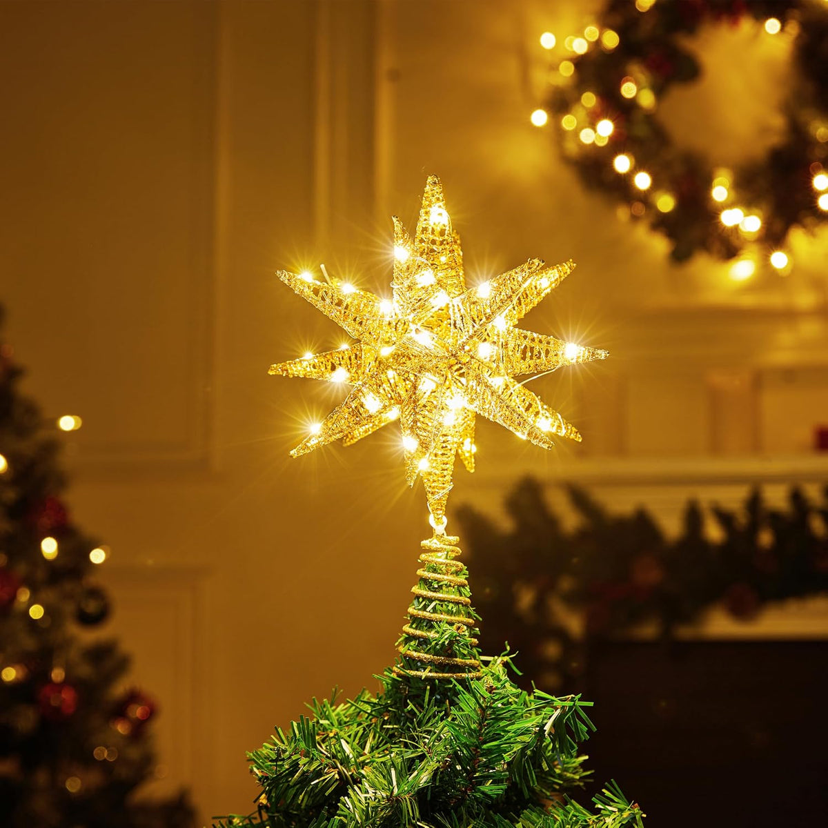 JOIEDOMI 7.8" Metal 3D Star Christmas Tree Topper Golden Glitter Decorations with 56 LED Warm White with Plug Timer Ornaments Treetop Home Holiday Party Indoor Decor