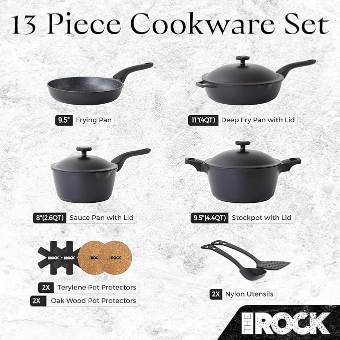 THE ROCK 1TSP 13PCS Cookware Set – Pots and Pans Set Non Stick with ROCK.TEC – Nothing Sticks, Never Warps, Lasts Longer – Healthy, Multifunctional, All-in-One Fry Pan, Saucepan, Stockpot & More